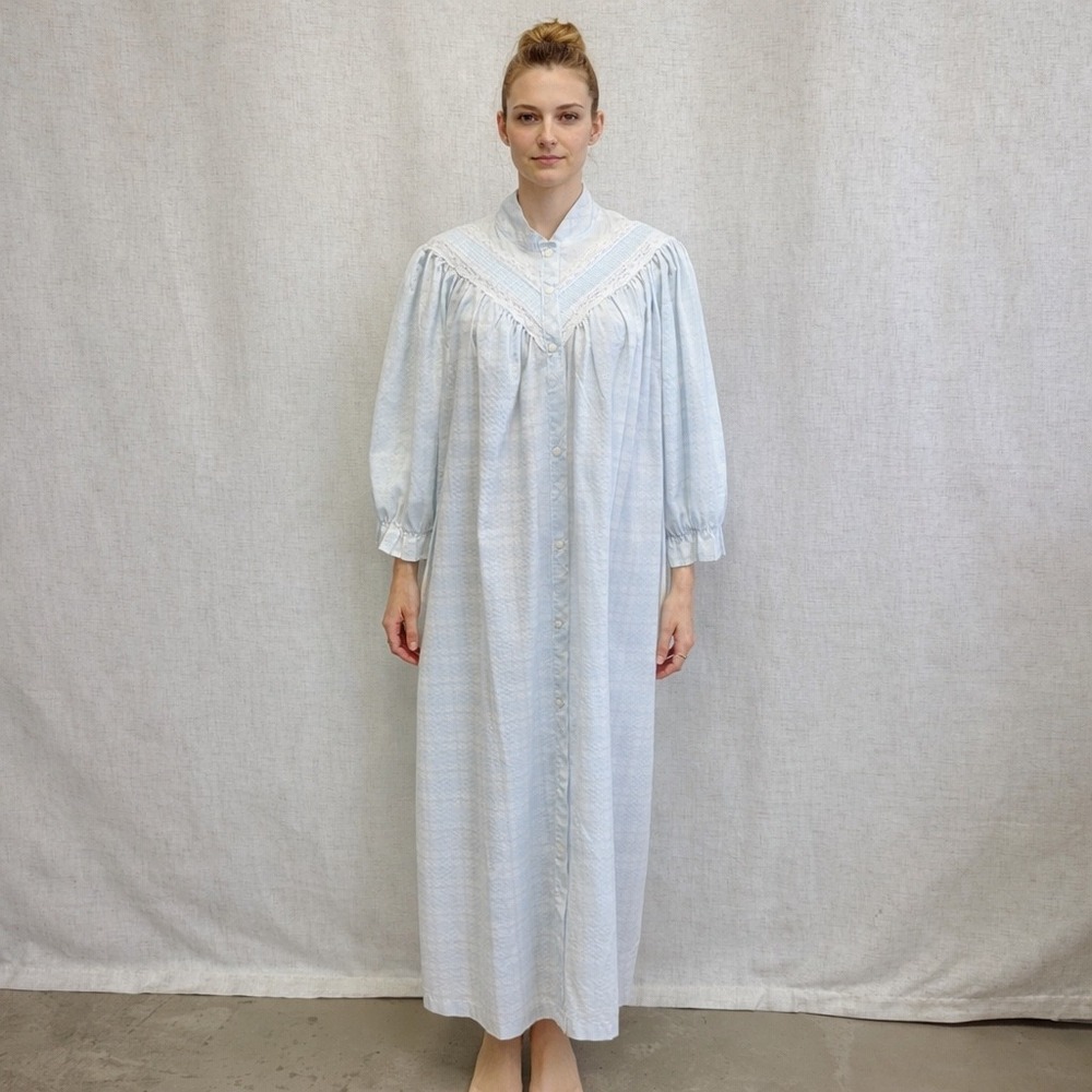 Appel Robes Nightgown Womens Blue White Plaid Excellent Lace‎ Pintuck Seersucker